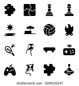 Solid vector icon set - puzzle vector, chess queen, pawn, mat, inflatable pool, volleyball, fire, badminton, kite, skateboard, joystick wireless, wirligig toy