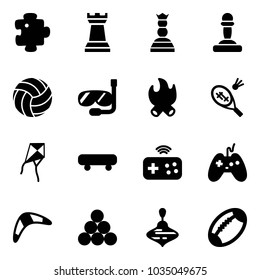 Solid vector icon set - puzzle vector, chess tower, queen, pawn, volleyball, diving, fire, badminton, kite, skateboard, joystick wireless, boomerang, billiards balls, wirligig toy, football