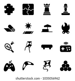 Solid vector icon set - puzzle vector, chess tower, pawn, mat, inflatable pool, fire, badminton, kite, skateboard, joystick wireless, boomerang, billiards balls