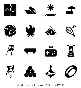 Solid vector icon set - puzzle vector, mat, inflatable pool, volleyball, fire, tent, badminton, kite, skateboard, joystick wireless, pyramid toy, billiards balls, wirligig, football