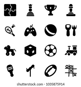 Solid vector icon set - puzzle vector, chess queen, gold cup, pawn, badminton, joystick, ball, shovel fork toy, wheel horse, cube, soccer, train, beanbag, windmill, football, Tic tac toe