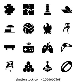Solid vector icon set - puzzle vector, chess queen, mat, inflatable pool, volleyball, fire, kite, skateboard, joystick wireless, boomerang, billiards balls, wirligig toy, football