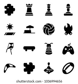 Solid vector icon set - puzzle vector, chess tower, queen, pawn, mat, inflatable pool, volleyball, fire, kite, skateboard, pyramid toy, joystick, boomerang, wirligig, football