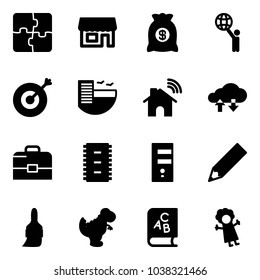 Solid vector icon set - puzzle vector, store, money bag, world, target, hotel, wireless home, cloud exchange data, case, chip, server, pencil, brush, dinosaur toy, abc book, doll