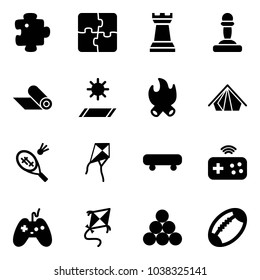Solid vector icon set - puzzle vector, chess tower, pawn, mat, fire, tent, badminton, kite, skateboard, joystick wireless, billiards balls, football