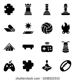 Solid vector icon set - puzzle vector, chess tower, queen, pawn, mat, volleyball, fire, tent, skateboard, joystick wireless, pyramid toy, wirligig, football