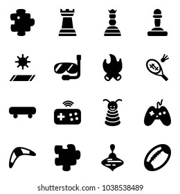 Solid vector icon set - puzzle vector, chess tower, queen, pawn, mat, diving, fire, badminton, skateboard, joystick wireless, pyramid toy, boomerang, wirligig, football
