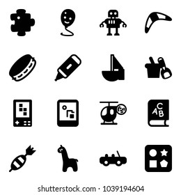 Solid vector icon set - puzzle vector, balloon smile, robot, boomerang, tambourine, marker, sailboat toy, shovel bucket, game console, helicopter, abc book, dart, giraffe, car, cube hole