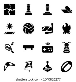 Solid vector icon set - puzzle vector, chess queen, pawn, mat, volleyball, diving, fire, badminton, skateboard, joystick wireless, pyramid toy, boomerang, kite, wirligig, football