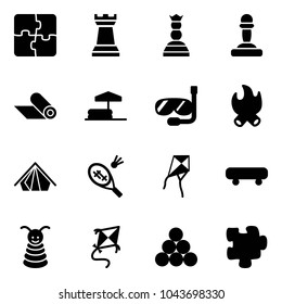 Solid vector icon set - puzzle vector, chess tower, queen, pawn, mat, inflatable pool, diving, fire, tent, badminton, kite, skateboard, pyramid toy, billiards balls