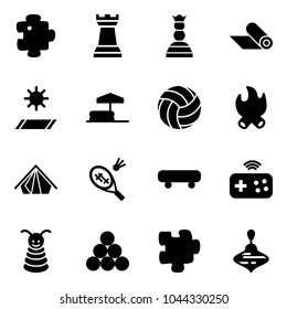 Solid vector icon set - puzzle vector, chess tower, queen, mat, inflatable pool, volleyball, fire, tent, badminton, skateboard, joystick wireless, pyramid toy, billiards balls, wirligig