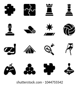 Solid vector icon set - puzzle vector, chess tower, queen, pawn, mat, volleyball, diving, tent, badminton, kite, joystick, billiards balls, wirligig toy