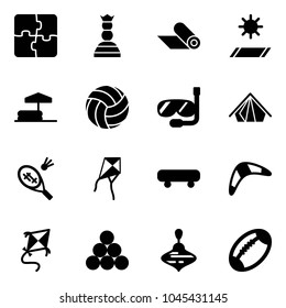 Solid vector icon set - puzzle vector, chess queen, mat, inflatable pool, volleyball, diving, tent, badminton, kite, skateboard, boomerang, billiards balls, wirligig toy, football