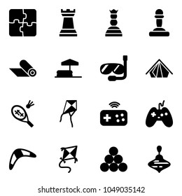 Solid vector icon set - puzzle vector, chess tower, queen, pawn, mat, inflatable pool, diving, tent, badminton, kite, joystick wireless, boomerang, billiards balls, wirligig toy