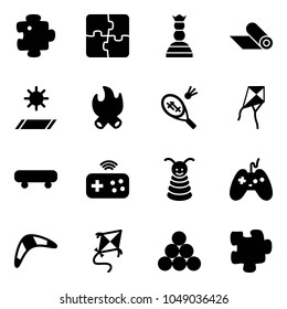 Solid vector icon set - puzzle vector, chess queen, mat, fire, badminton, kite, skateboard, joystick wireless, pyramid toy, boomerang, billiards balls