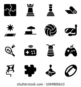Solid vector icon set - puzzle vector, chess tower, queen, mat, inflatable pool, volleyball, diving, badminton, joystick wireless, pyramid toy, kite, wirligig, football