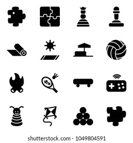 Solid vector icon set - puzzle vector, chess queen, pawn, mat, inflatable pool, volleyball, fire, badminton, skateboard, joystick wireless, pyramid toy, kite, billiards balls