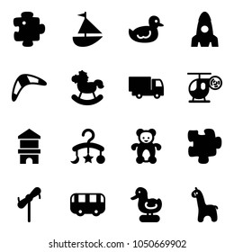 Solid vector icon set - puzzle vector, sailboat toy, duck, rocket, boomerang, rocking horse, truck, helicopter, block house, baby carousel, bear, windmill, bus, giraffe