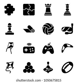 Solid vector icon set - puzzle vector, chess tower, queen, pawn, mat, volleyball, diving, kite, joystick wireless, boomerang, billiards balls, wirligig toy, football