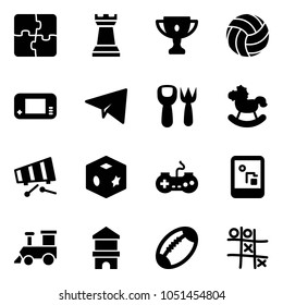 Solid vector icon set - puzzle vector, chess tower, gold cup, volleyball, game console, paper plane, shovel fork toy, rocking horse, xylophone, cube, gamepad, train, block house, football