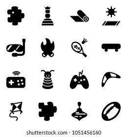 Solid vector icon set - puzzle vector, chess queen, mat, diving, fire, badminton, skateboard, joystick wireless, pyramid toy, boomerang, kite, wirligig, football