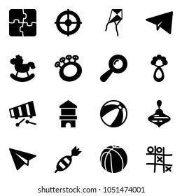Solid vector icon set - puzzle vector, target, kite, paper plane, rocking horse, beanbag, xylophone, toy block house, beach ball, wirligig, dart, basketball, Tic tac toe
