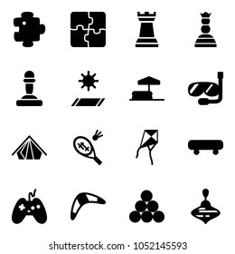 Solid vector icon set - puzzle vector, chess tower, queen, pawn, mat, inflatable pool, diving, tent, badminton, kite, skateboard, joystick, boomerang, billiards balls, wirligig toy