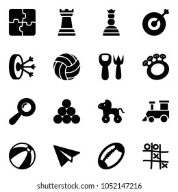 Solid vector icon set - puzzle vector, chess tower, queen, target, solution, volleyball, shovel fork toy, beanbag, billiards balls, wheel horse, train, beach ball, paper plane, football, Tic tac toe