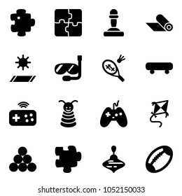 Solid vector icon set - puzzle vector, pawn, mat, diving, badminton, skateboard, joystick wireless, pyramid toy, kite, billiards balls, wirligig, football