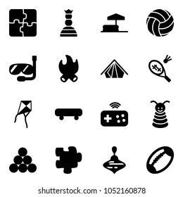 Solid vector icon set - puzzle vector, chess queen, inflatable pool, volleyball, diving, fire, tent, badminton, kite, skateboard, joystick wireless, pyramid toy, billiards balls, wirligig, football