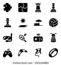 Solid vector icon set - puzzle vector, chess tower, queen, pawn, mat, inflatable pool, volleyball, diving, badminton, joystick wireless, pyramid toy, boomerang, kite, football