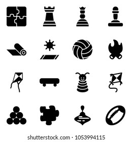 Solid vector icon set - puzzle vector, chess tower, queen, pawn, mat, volleyball, fire, kite, skateboard, pyramid toy, billiards balls, wirligig, football
