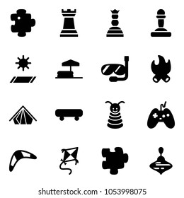 Solid vector icon set - puzzle vector, chess tower, queen, pawn, mat, inflatable pool, diving, fire, tent, skateboard, pyramid toy, joystick, boomerang, kite, wirligig