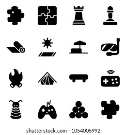 Solid vector icon set - puzzle vector, chess tower, pawn, mat, inflatable pool, diving, fire, tent, skateboard, joystick wireless, pyramid toy, billiards balls