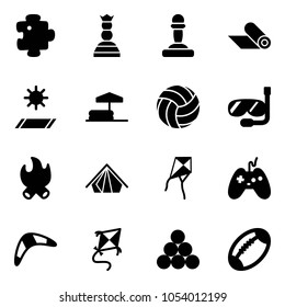 Solid vector icon set - puzzle vector, chess queen, pawn, mat, inflatable pool, volleyball, diving, fire, tent, kite, joystick, boomerang, billiards balls, football