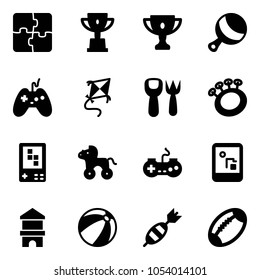 Solid vector icon set - puzzle vector, win cup, gold, beanbag, joystick, kite, shovel fork toy, game console, wheel horse, gamepad, block house, beach ball, dart, football
