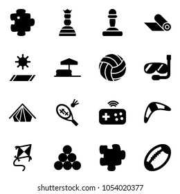 Solid vector icon set - puzzle vector, chess queen, pawn, mat, inflatable pool, volleyball, diving, tent, badminton, joystick wireless, boomerang, kite, billiards balls, football