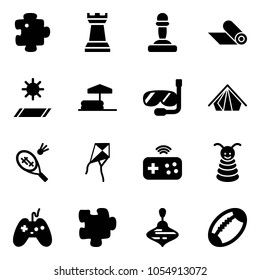 Solid vector icon set - puzzle vector, chess tower, pawn, mat, inflatable pool, diving, tent, badminton, kite, joystick wireless, pyramid toy, wirligig, football