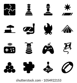 Solid vector icon set - puzzle vector, chess queen, pawn, mat, inflatable pool, diving, fire, tent, joystick wireless, pyramid toy, kite, billiards balls, wirligig, football