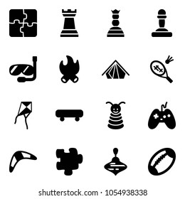 Solid vector icon set - puzzle vector, chess tower, queen, pawn, diving, fire, tent, badminton, kite, skateboard, pyramid toy, joystick, boomerang, wirligig, football