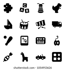 Solid vector icon set - puzzle vector, abc cube, pyramid toy, dinosaur, sailboat, drum, xylophone, truck, baseball bat, game console, piano, yoyo, dart, giraffe, car, hole