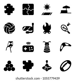 Solid vector icon set - puzzle vector, mat, inflatable pool, volleyball, diving, fire, badminton, kite, joystick wireless, pyramid toy, boomerang, billiards balls, wirligig, football