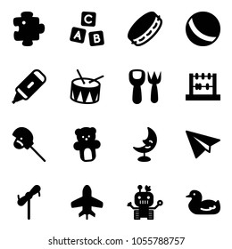 Solid vector icon set - puzzle vector, abc cube, tambourine, ball, marker, drum, shovel fork toy, abacus, horse stick, bear, moon lamp, paper plane, windmill, robot, duck