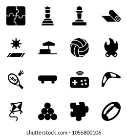 Solid vector icon set - puzzle vector, chess queen, pawn, mat, inflatable pool, volleyball, fire, badminton, skateboard, joystick wireless, boomerang, kite, billiards balls, football