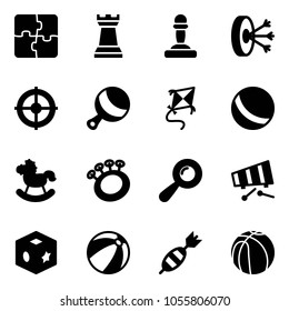 Solid vector icon set - puzzle vector, chess tower, pawn, solution, target, beanbag, kite, ball, rocking horse, xylophone, cube toy, beach, dart, basketball