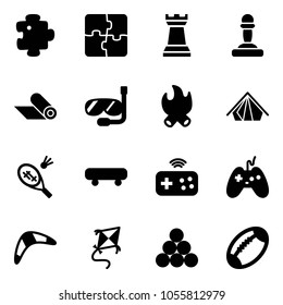 Solid vector icon set - puzzle vector, chess tower, pawn, mat, diving, fire, tent, badminton, skateboard, joystick wireless, boomerang, kite, billiards balls, football