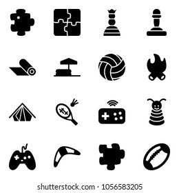 Solid vector icon set - puzzle vector, chess queen, pawn, mat, inflatable pool, volleyball, fire, tent, badminton, joystick wireless, pyramid toy, boomerang, football