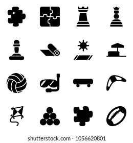 Solid vector icon set - puzzle vector, chess tower, queen, pawn, mat, inflatable pool, volleyball, diving, skateboard, boomerang, kite, billiards balls, football