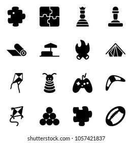 Solid vector icon set - puzzle vector, chess queen, pawn, mat, inflatable pool, fire, tent, kite, pyramid toy, joystick, boomerang, billiards balls, football
