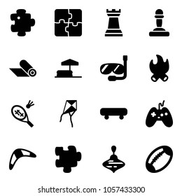 Solid vector icon set - puzzle vector, chess tower, pawn, mat, inflatable pool, diving, fire, badminton, kite, skateboard, joystick, boomerang, wirligig toy, football